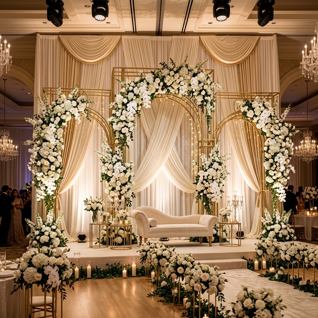 Luxury wedding stage backdrop setup