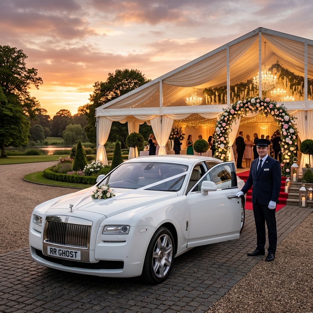 Chauffeur driven Rolls Royce Ghost wedding car